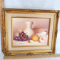 Vintage Still Life Oil Painting on Canvas w/Fruits White Vase Book Signed by Artist Ornate Golden Wooden Frame Wall Art - Mint Condition