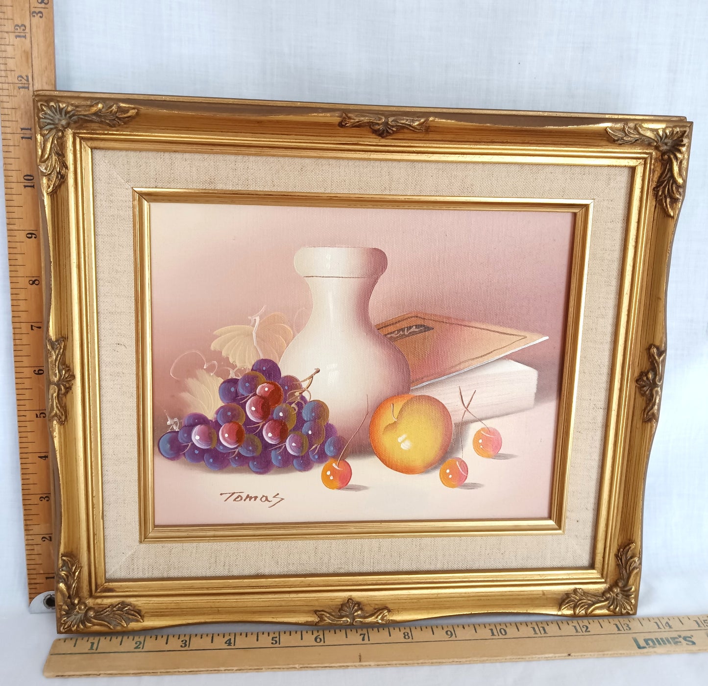 Vintage Still Life Oil Painting on Canvas w/Fruits White Vase Book Signed by Artist Ornate Golden Wooden Frame Wall Art - Mint Condition