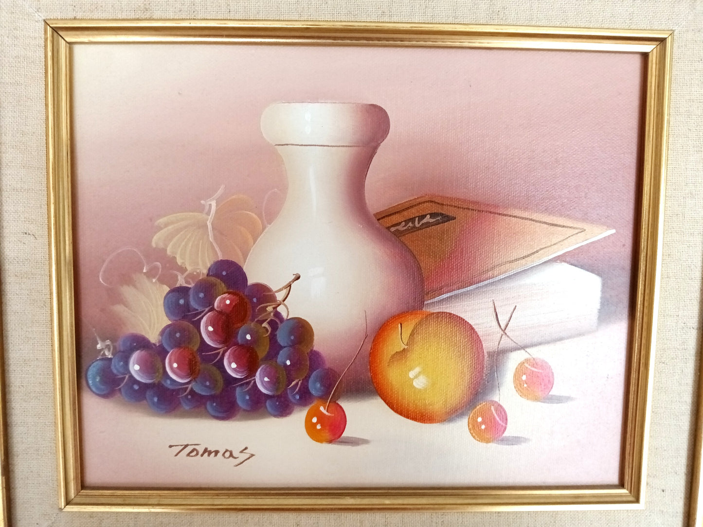 Vintage Still Life Oil Painting on Canvas w/Fruits White Vase Book Signed by Artist Ornate Golden Wooden Frame Wall Art - Mint Condition