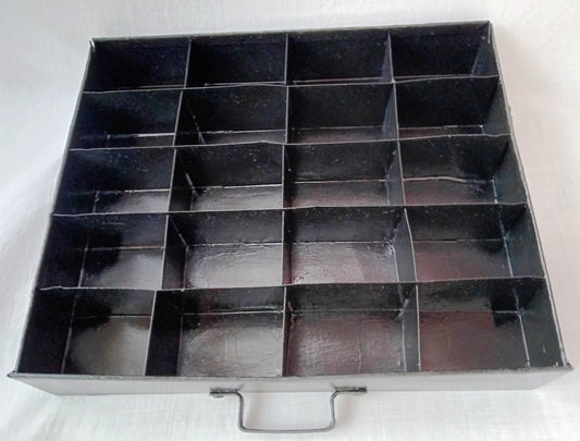 Vintage Small Display Tray Metal Painted Black 20 Compartments Storage Small Collectibles Jewelry Rectangular Box w/Handle