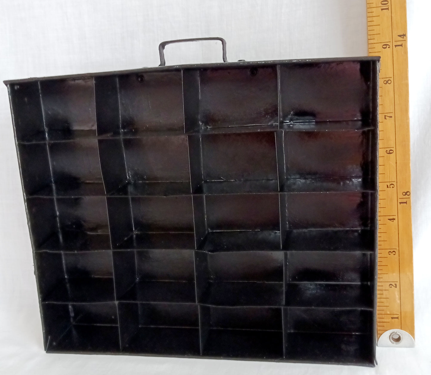 Vintage Small Display Tray Metal Painted Black 20 Compartments Storage Small Collectibles Jewelry Rectangular Box w/Handle