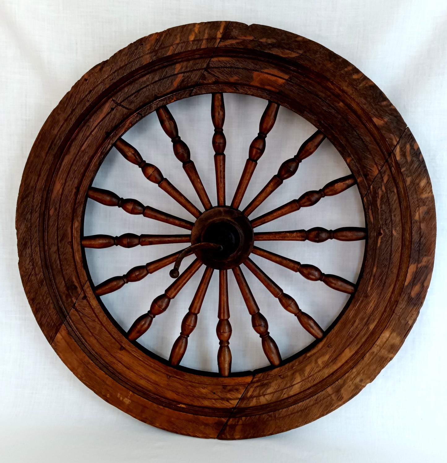 Antique Saxony Spinning Fly Wheel w/Metal Fittings 16 Spokes Folk Art Primitive Restoration or Rustic Cabin Home Décor (Wheel Only)-1920's