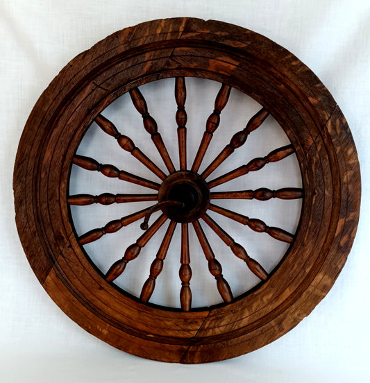 Antique Saxony Spinning Fly Wheel w/Metal Fittings 16 Spokes Folk Art Primitive Restoration or Rustic Cabin Home Décor (Wheel Only)-1920's