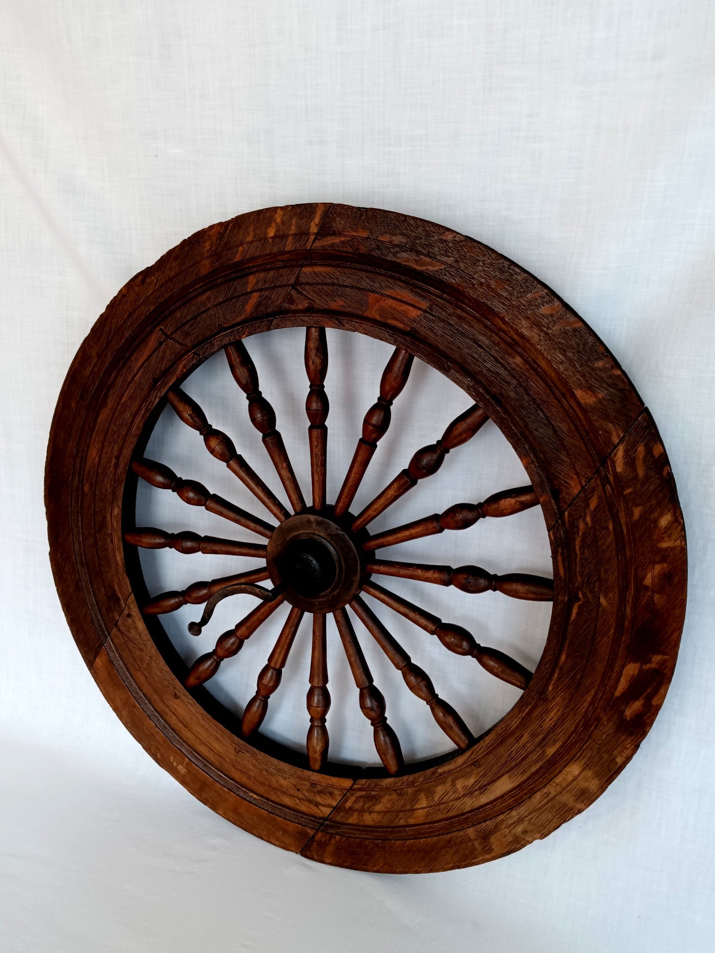 Antique Saxony Spinning Fly Wheel w/Metal Fittings 16 Spokes Folk Art Primitive Restoration or Rustic Cabin Home Décor (Wheel Only)-1920's
