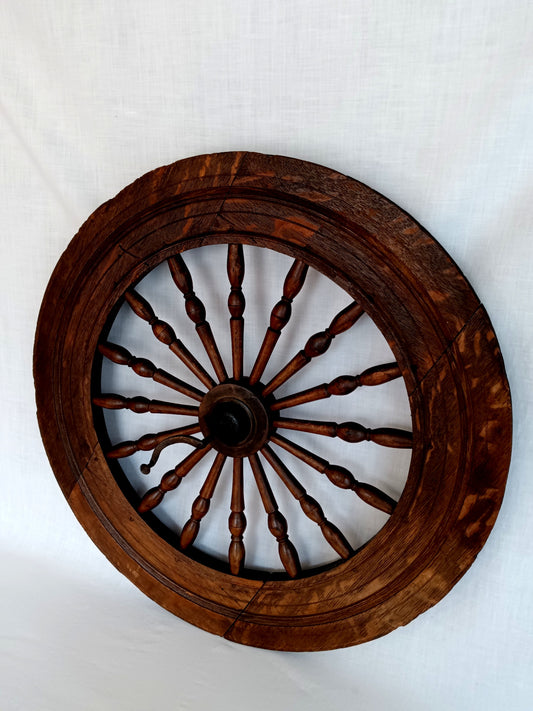 Antique Saxony Spinning Fly Wheel w/Metal Fittings 16 Spokes Folk Art Primitive Restoration or Rustic Cabin Home Décor (Wheel Only)-1920's