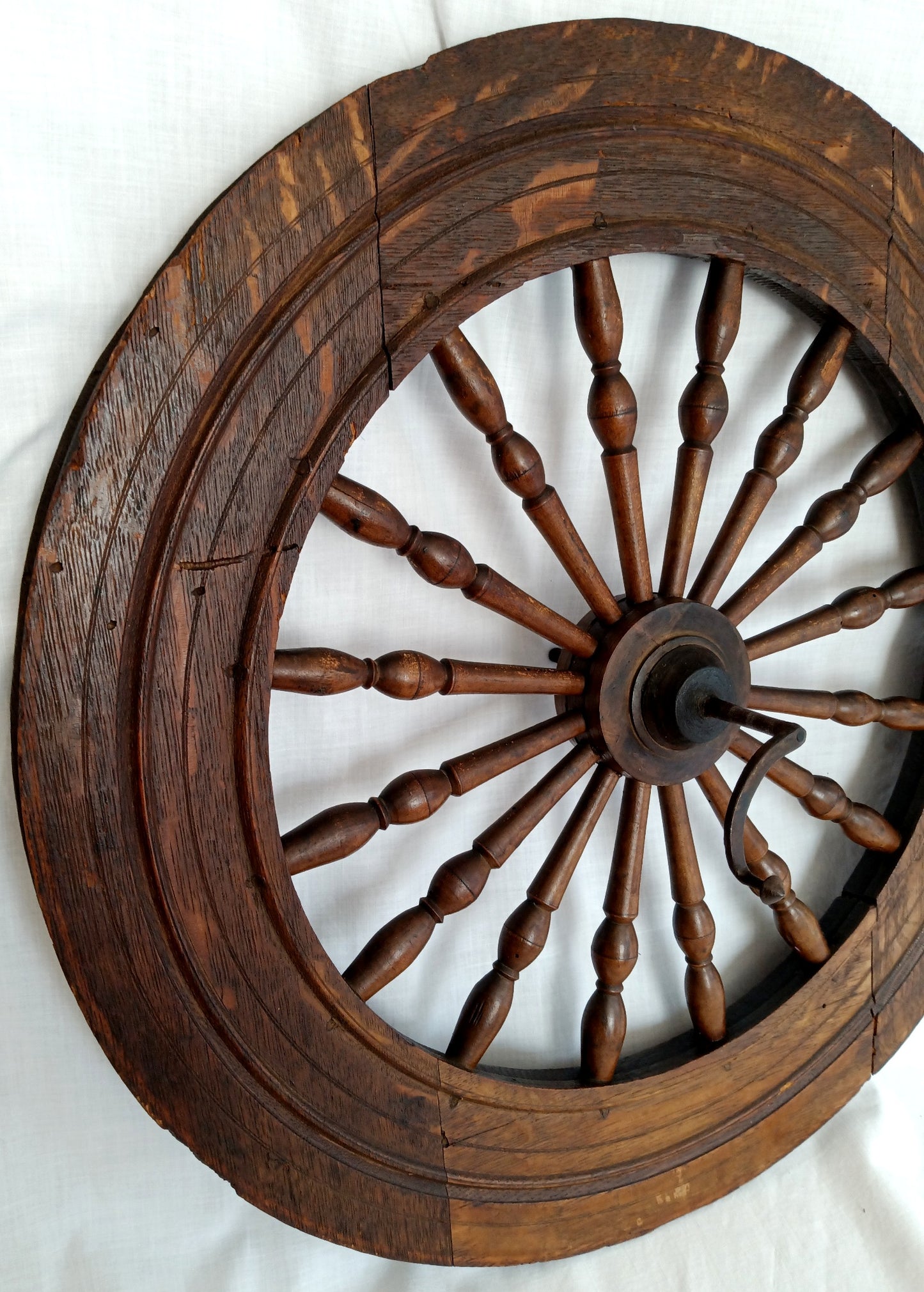 Antique Saxony Spinning Fly Wheel w/Metal Fittings 16 Spokes Folk Art Primitive Restoration or Rustic Cabin Home Décor (Wheel Only)-1920's