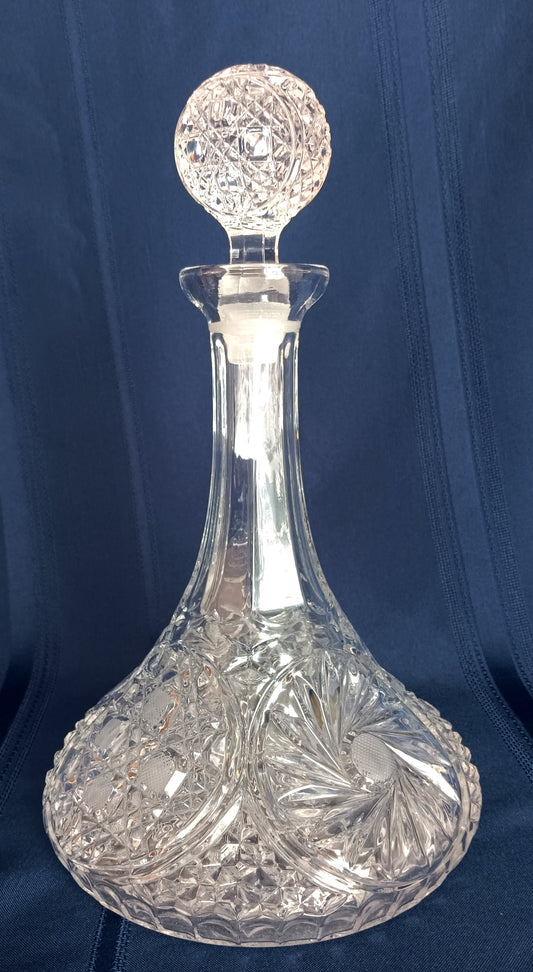 Vintage Crystal Glass Ships Captain Decanter w/Solid Stopper Paneled Neck Whiskey Scotch Wine Bottle Geometric Design Nautical Barware
