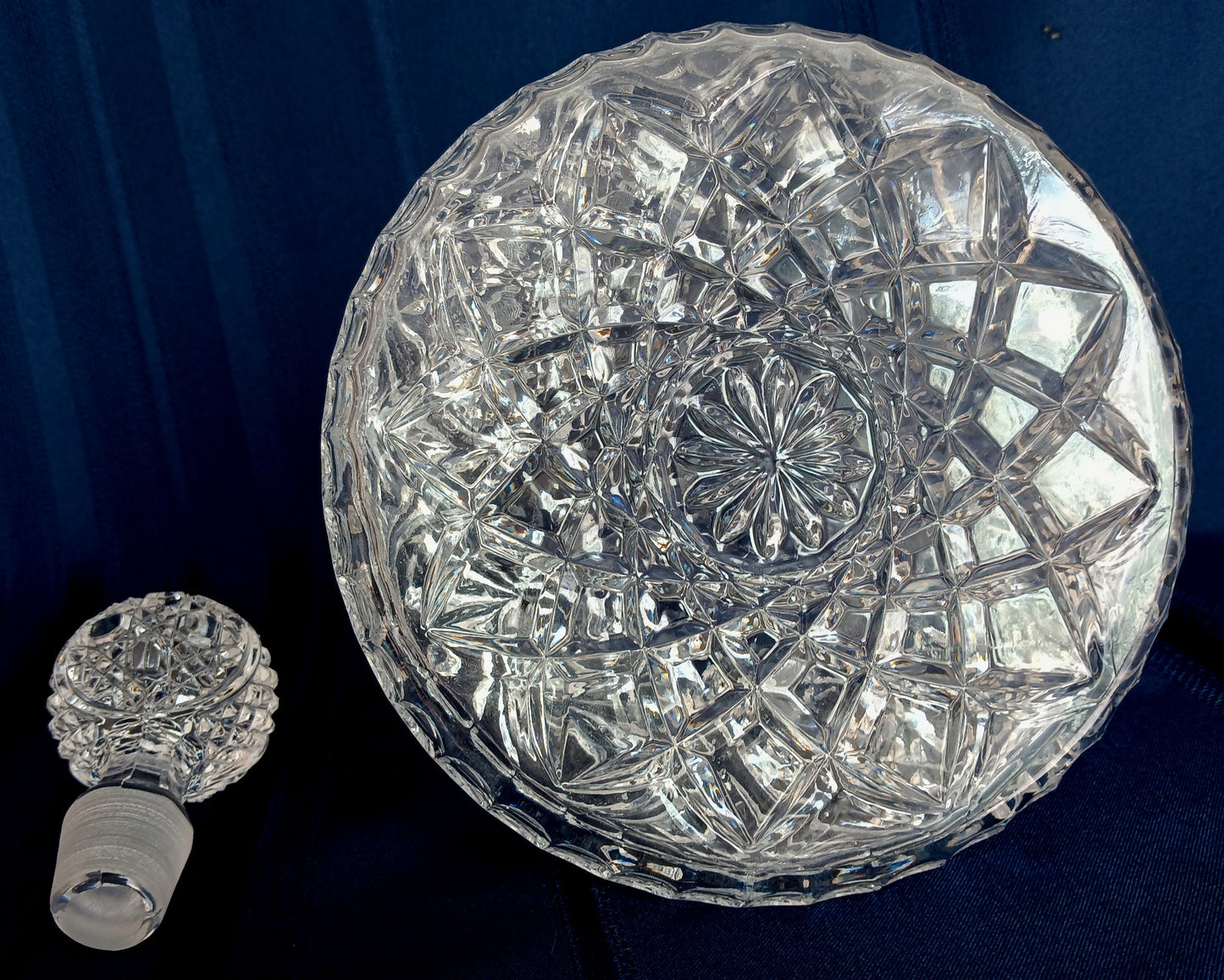 Vintage Crystal Glass Ships Captain Decanter w/Solid Stopper Paneled Neck Whiskey Scotch Wine Bottle Geometric Design Nautical Barware