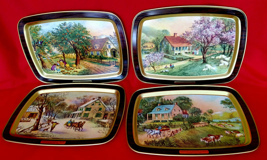 Vintage Currier & Ives American Homestead 4 Seasons 1868 Colorful Set of 4 Metal Serving Trays Rectangular Shape Medium Size – NOS