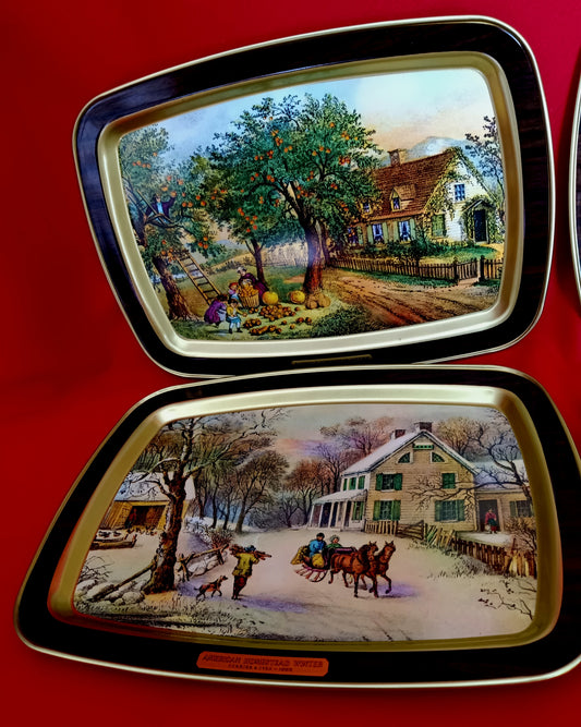 Vintage Currier & Ives American Homestead 4 Seasons 1868 Colorful Set of 4 Metal Serving Trays Rectangular Shape Medium Size – NOS
