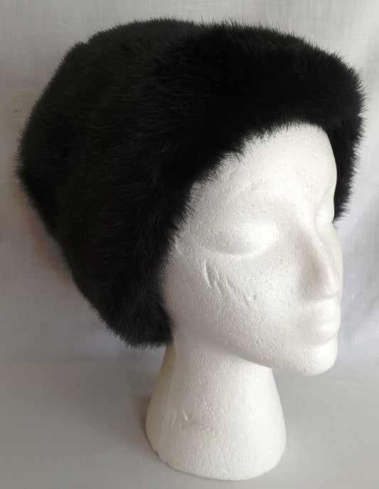 Vintage Faux Fur Black Bucket Hat w/ Lining Fall Winter Women Head Accessory Hat 21-1/2 inches Circumference-NOS