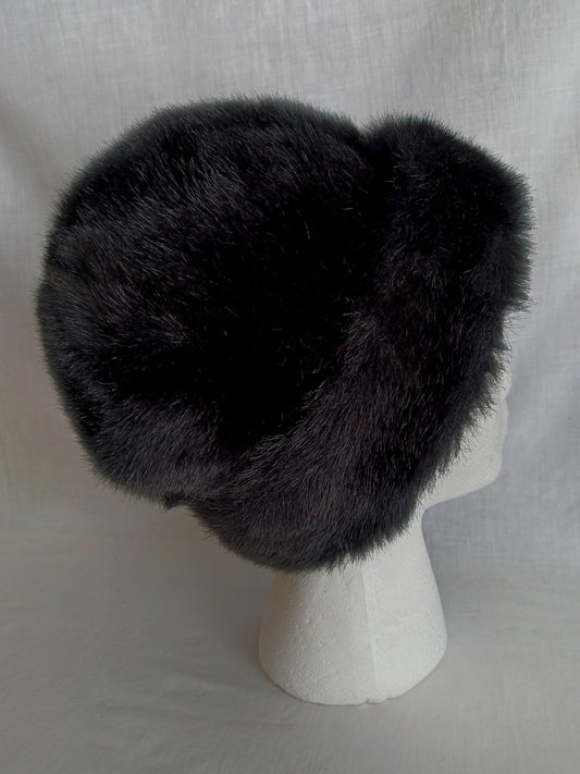 Vintage Faux Fur Black Bucket Hat w/ Lining Fall Winter Women Head Accessory Hat 21-1/2 inches Circumference-NOS