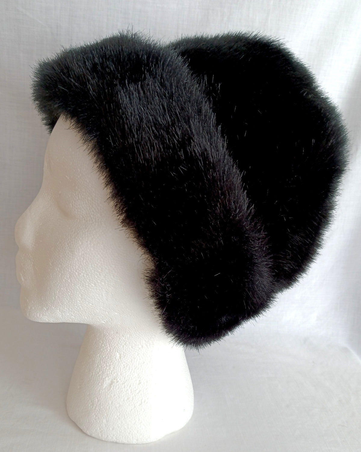 Vintage Faux Fur Black Bucket Hat w/ Lining Fall Winter Women Head Accessory Hat 21-1/2 inches Circumference-NOS