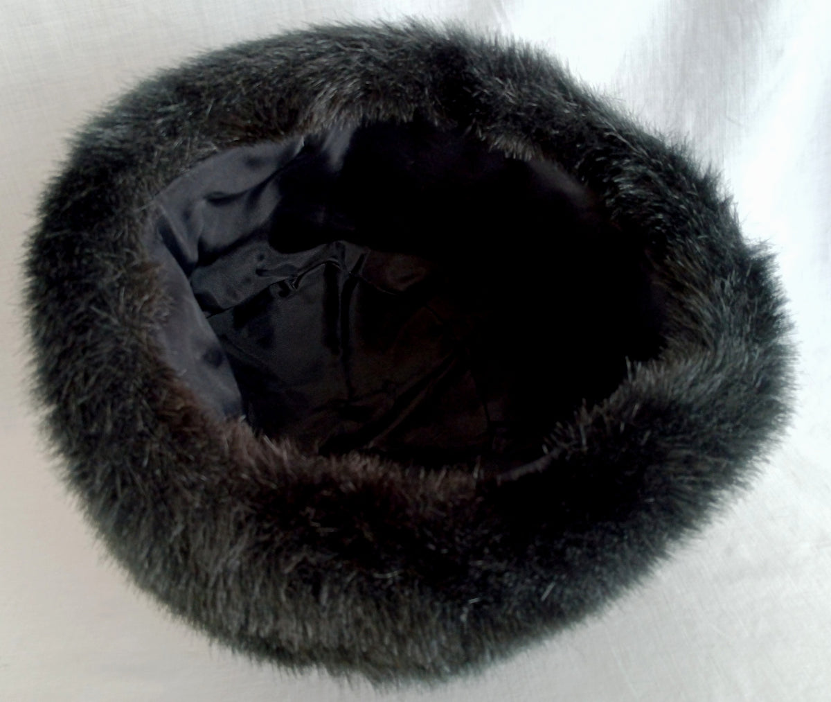 Vintage Faux Fur Black Bucket Hat w/ Lining Fall Winter Women Head Accessory Hat 21-1/2 inches Circumference-NOS
