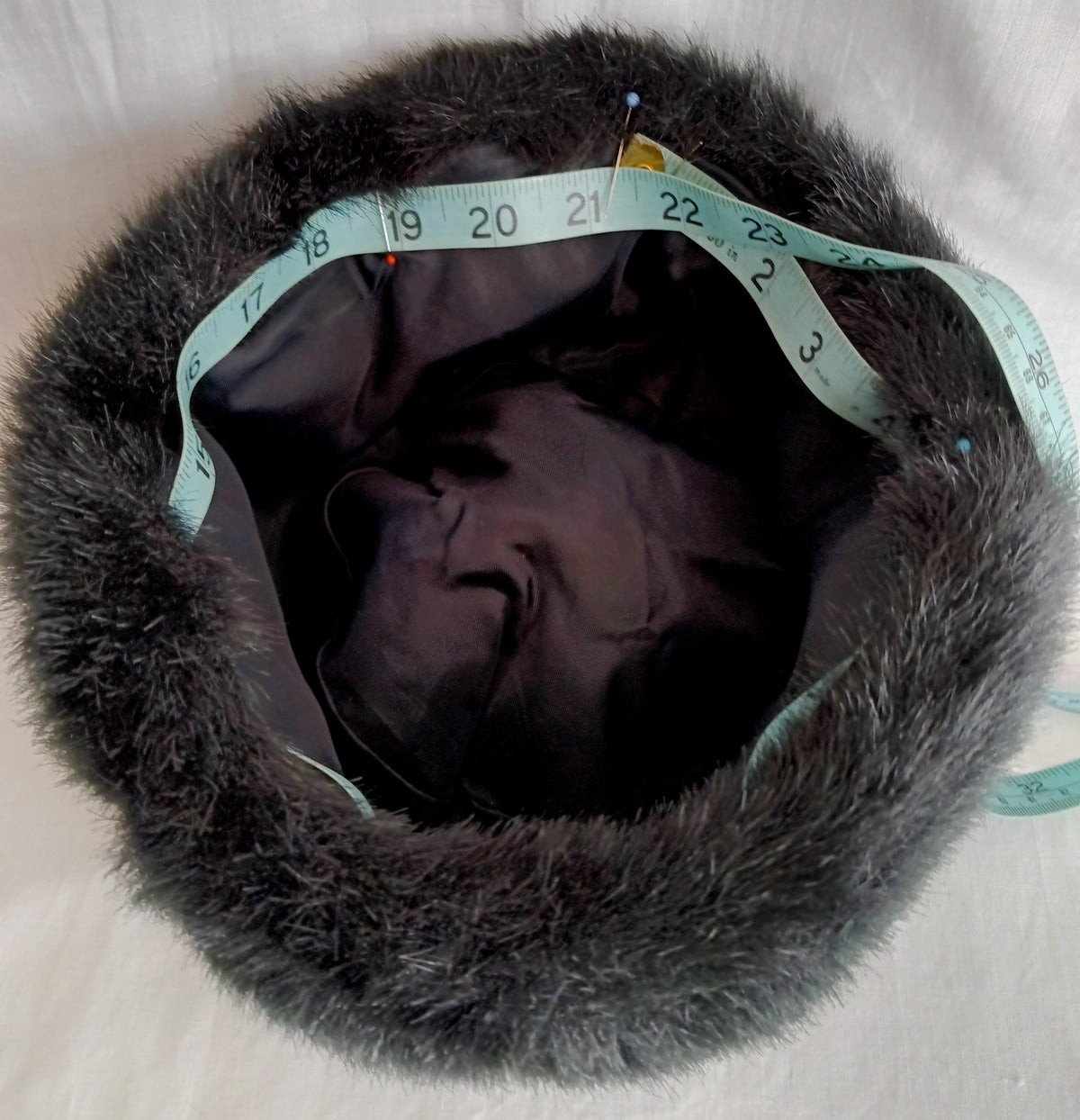 Vintage Faux Fur Black Bucket Hat w/ Lining Fall Winter Women Head Accessory Hat 21-1/2 inches Circumference-NOS
