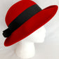 Vintage Ladies Doeskin Felt Red Hat 100% Wool Black Grosgrain Bow Ribbon Unlined Cotton Sweatband Small Size Hat - Made in USA