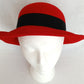 Vintage Ladies Doeskin Felt Red Hat 100% Wool Black Grosgrain Bow Ribbon Unlined Cotton Sweatband Small Size Hat - Made in USA