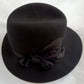 Vintage Doeskin Felt Black Hat 100% Wool Black Grosgrain Bow Feathers Ribbon Unlined Cotton Sweatband Ladies Small Size Hat - Made in USA