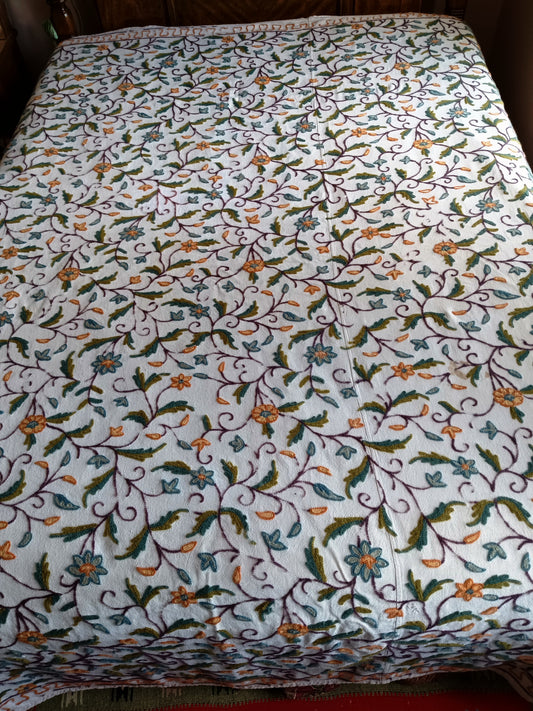 Vintage Kashmiri Crewel Hand Embroidered 100% Cotton Bedspread Bed Cover Tapestry Cream Color Wool Floral Design 86 x 102 - Queen Size