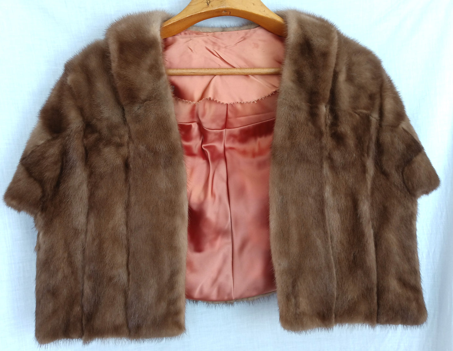 Vintage Honey Brown Real Mink Fur Cape Stole Open Front Shawl Collar Pockets Women Outerwear Wrap Wedding Bridal Bolero Size S