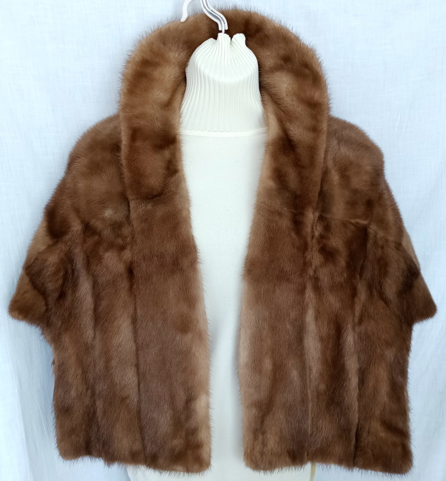 Vintage Honey Brown Real Mink Fur Cape Stole Open Front Shawl Collar Pockets Women Outerwear Wrap Wedding Bridal Bolero Size S