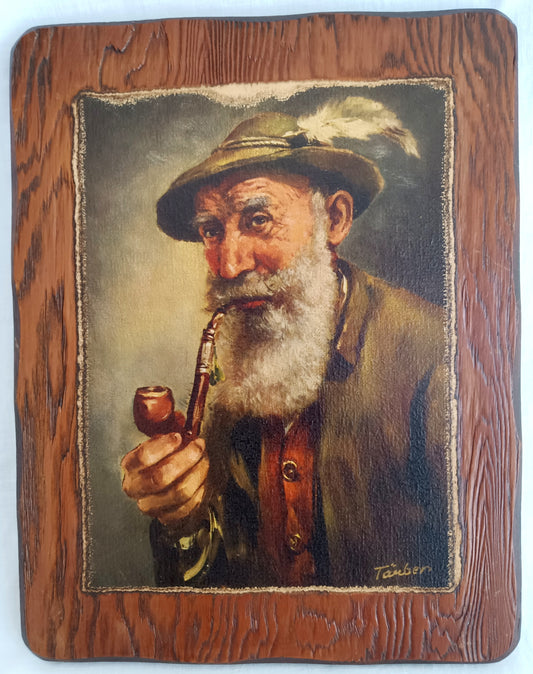 Vintage Portrait of an Elderly Man with a Pipe Print on Wooden Plaque Wall Hanging Retro Art Wall Decor – Signed Tauber