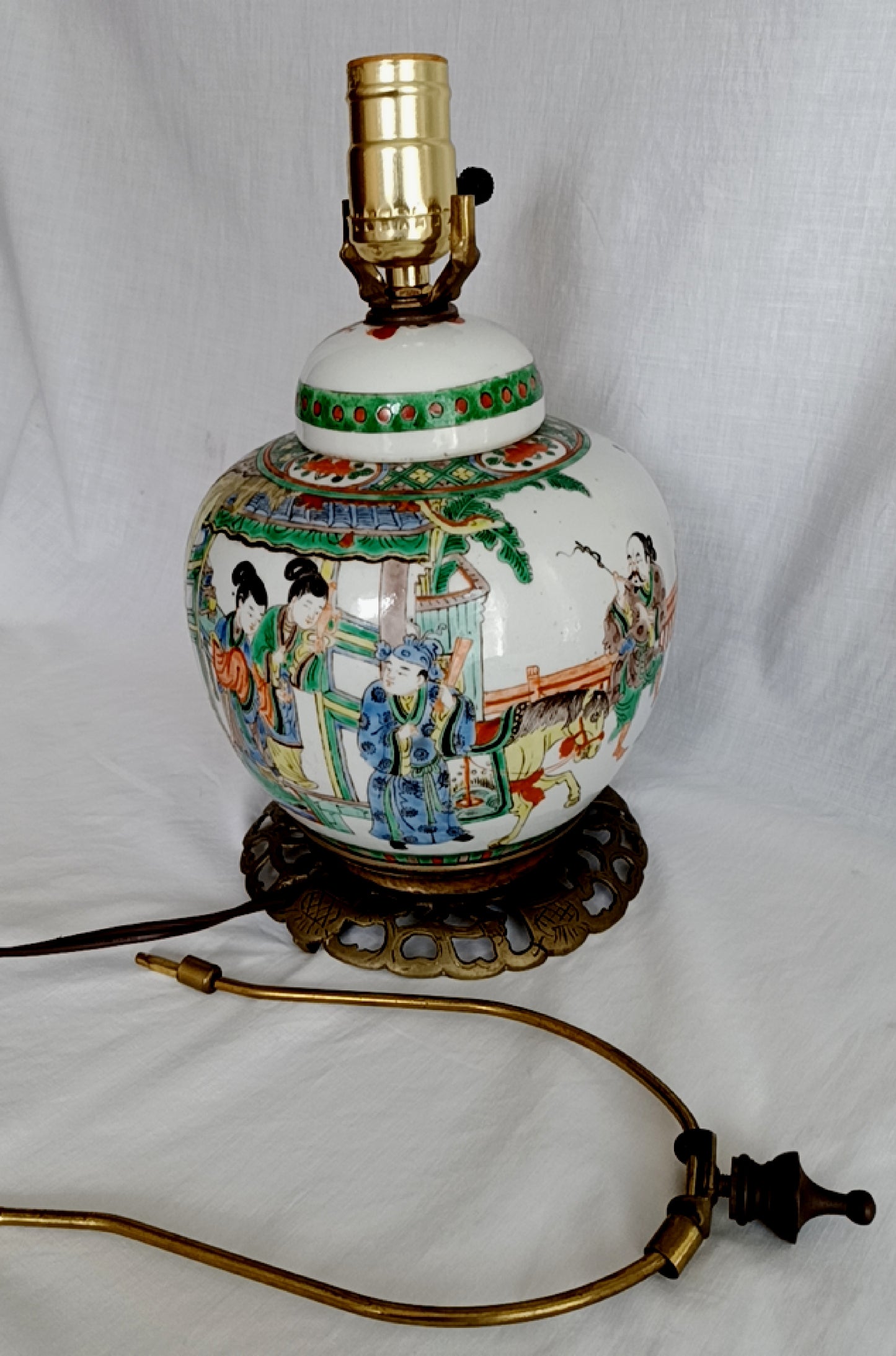 Vintage Chinese Porcelain Ginger Jar Table Lamp Famille Verte Style Copper Brass Cut Out Base 3 Way Harp Finial