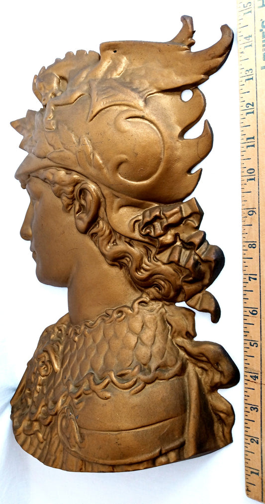 Vintage Neo Classical Roman Greek Style Perseus Bust Large Wall Plaque Tall Sculpture Cast Aluminum Bronze Finish High Relief Art Décor