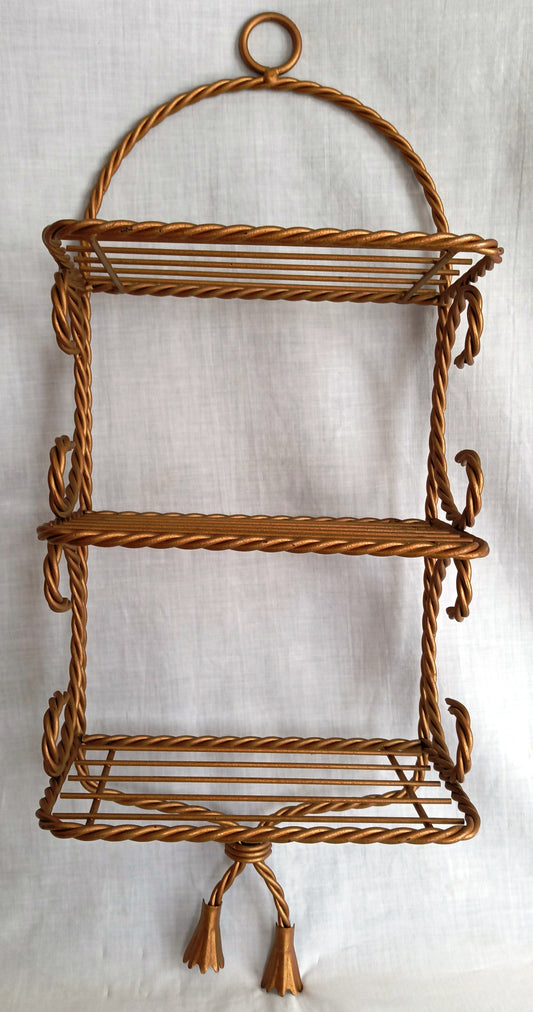 Vintage 3 Tiers Twisted Rope Shelf Gold Tone Metal Tassel Accents French Hollywood Regency Style Bathroom Kitchen Wall Shelf Home Décor