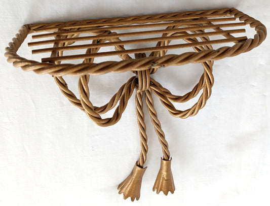 Vintage One Tier Twisted Rope Design Small Shelf Gold Tone Metal Bow Tassels Accents Hollywood Regency Style Wall Shelf Home Décor