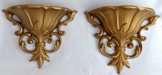 Vintage Dart Ind Pair Wall Pockets Small Vases Ornate Hollywood Regency Style Gold Finish Resin MCM Wall Sconces Planters-1962
