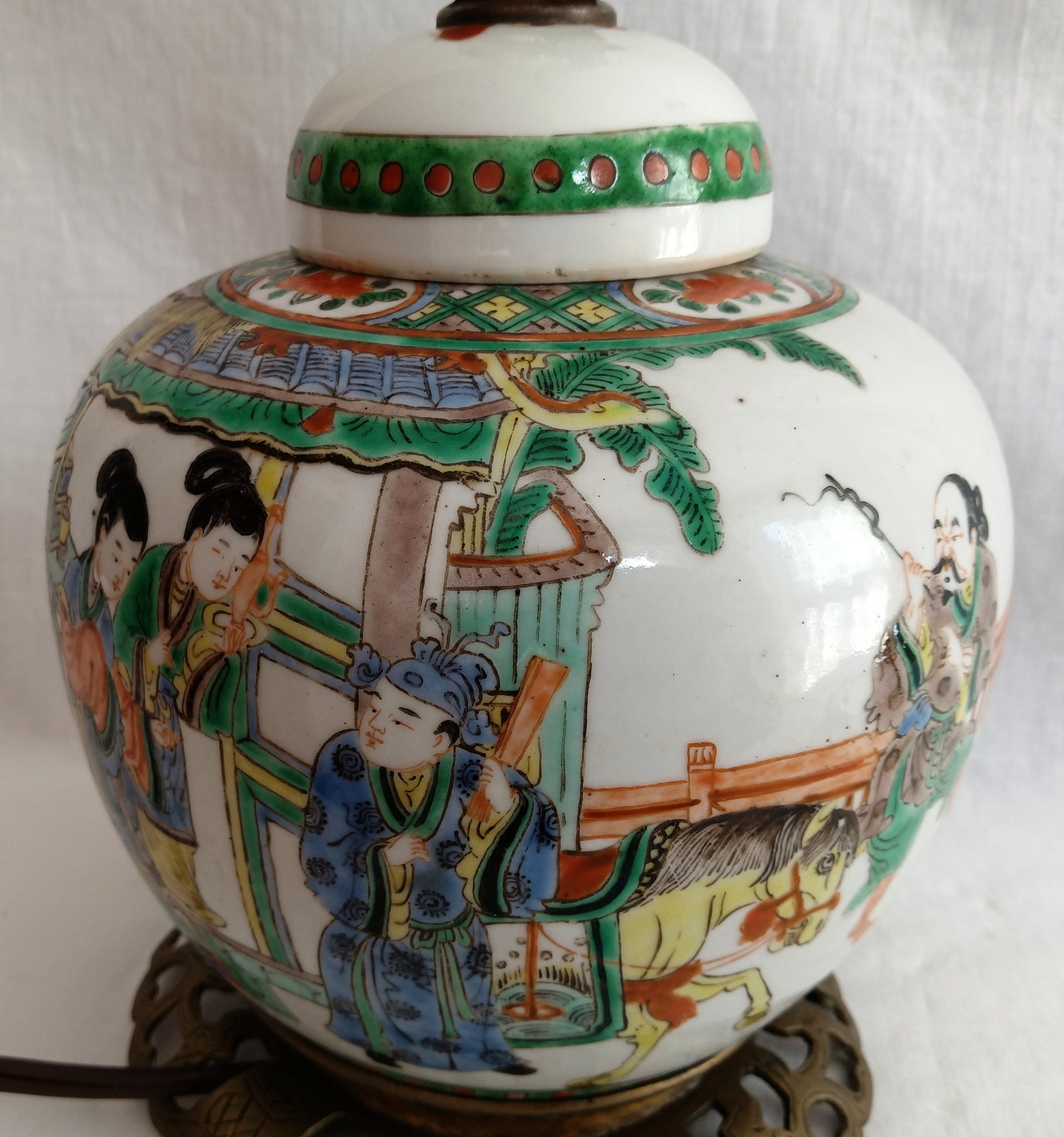 Vintage Chinese Porcelain Ginger Jar Table Lamp Famille Verte Style Copper Brass Cut Out Base 3 Way Harp Finial