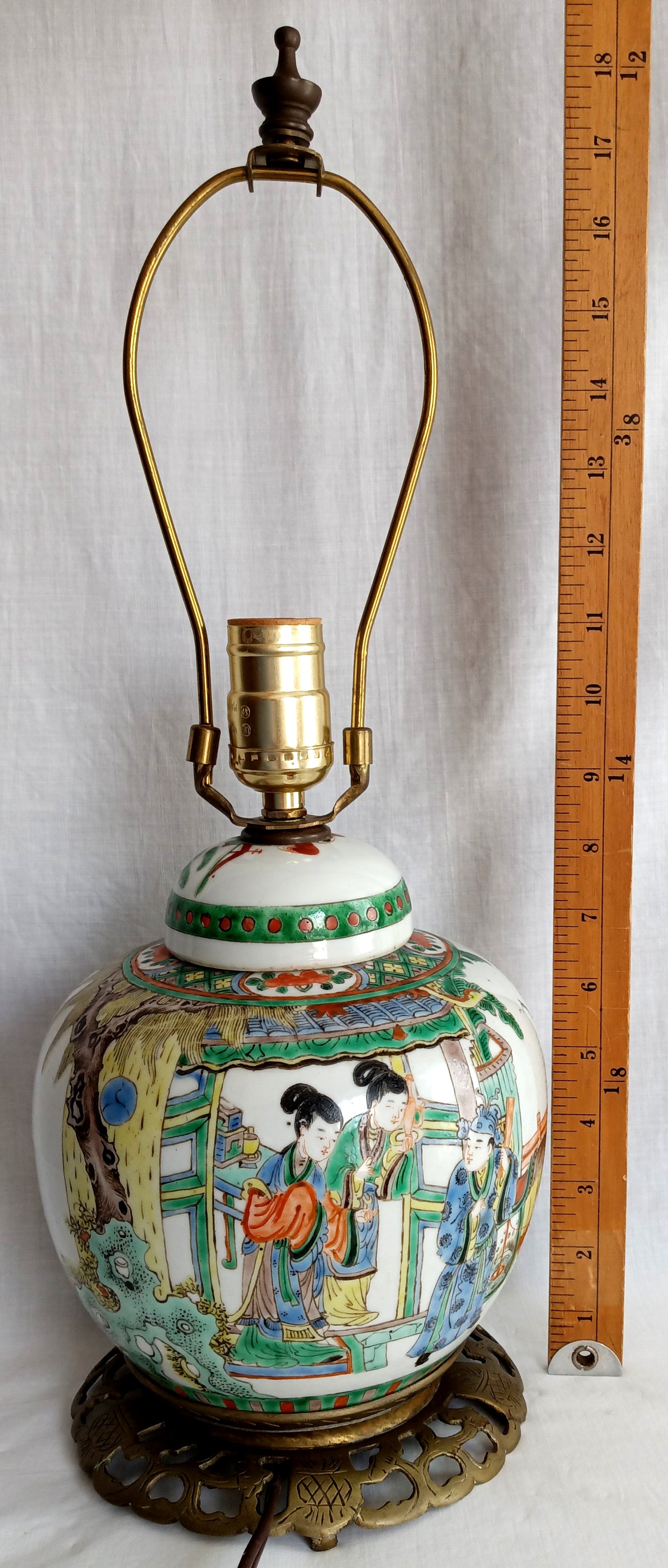 Vintage Chinese Porcelain Ginger Jar Table Lamp Famille Verte Style Copper Brass Cut Out Base 3 Way Harp Finial