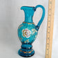 Vintage Fenton New Century XXI Collection Pitcher Hand Blown Turquoise Blue Glass Handle Heart Rim Gold Floral Accent Art Glass Signed-NOS