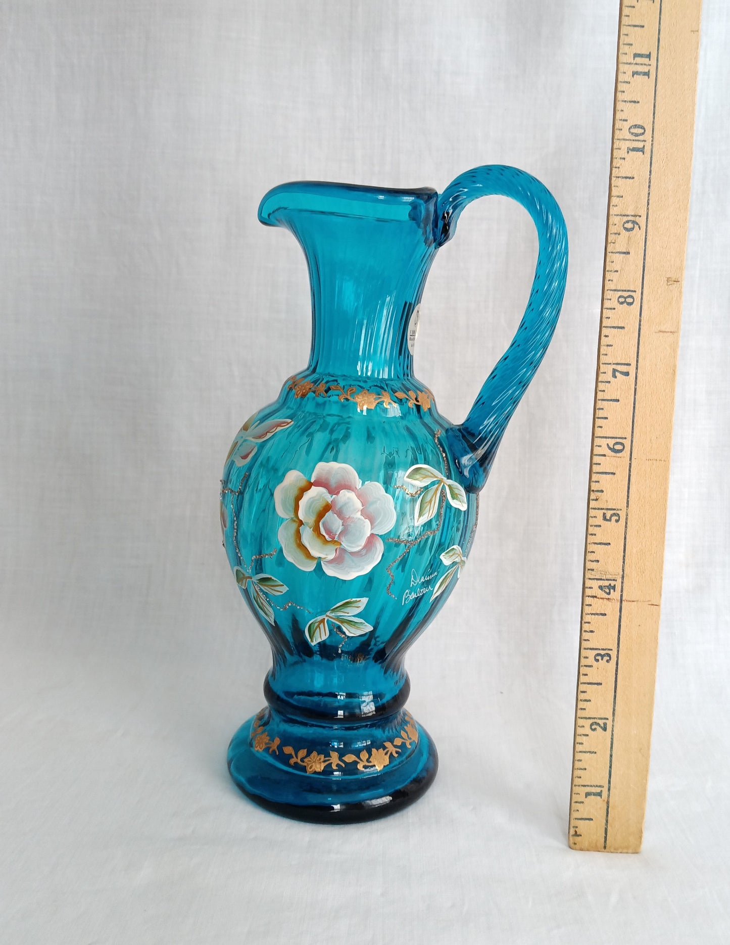 Vintage Fenton New Century XXI Collection Pitcher Hand Blown Turquoise Blue Glass Handle Heart Rim Gold Floral Accent Art Glass Signed-NOS