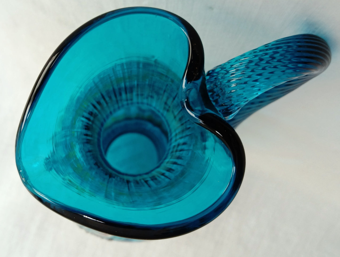 Vintage Fenton New Century XXI Collection Pitcher Hand Blown Turquoise Blue Glass Handle Heart Rim Gold Floral Accent Art Glass Signed-NOS