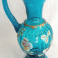 Vintage Fenton New Century XXI Collection Pitcher Hand Blown Turquoise Blue Glass Handle Heart Rim Gold Floral Accent Art Glass Signed-NOS