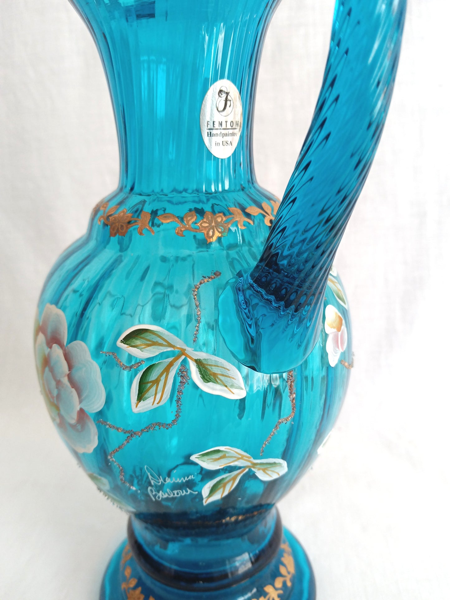 Vintage Fenton New Century XXI Collection Pitcher Hand Blown Turquoise Blue Glass Handle Heart Rim Gold Floral Accent Art Glass Signed-NOS