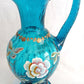 Vintage Fenton New Century XXI Collection Pitcher Hand Blown Turquoise Blue Glass Handle Heart Rim Gold Floral Accent Art Glass Signed-NOS