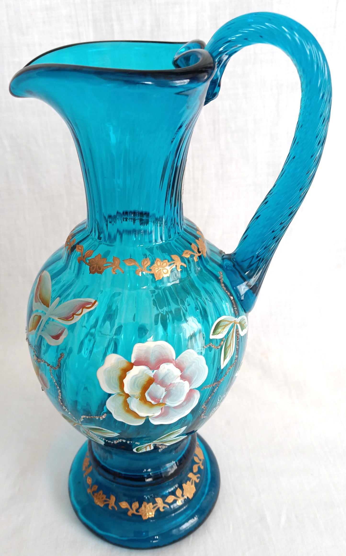 Vintage Fenton New Century XXI Collection Pitcher Hand Blown Turquoise Blue Glass Handle Heart Rim Gold Floral Accent Art Glass Signed-NOS
