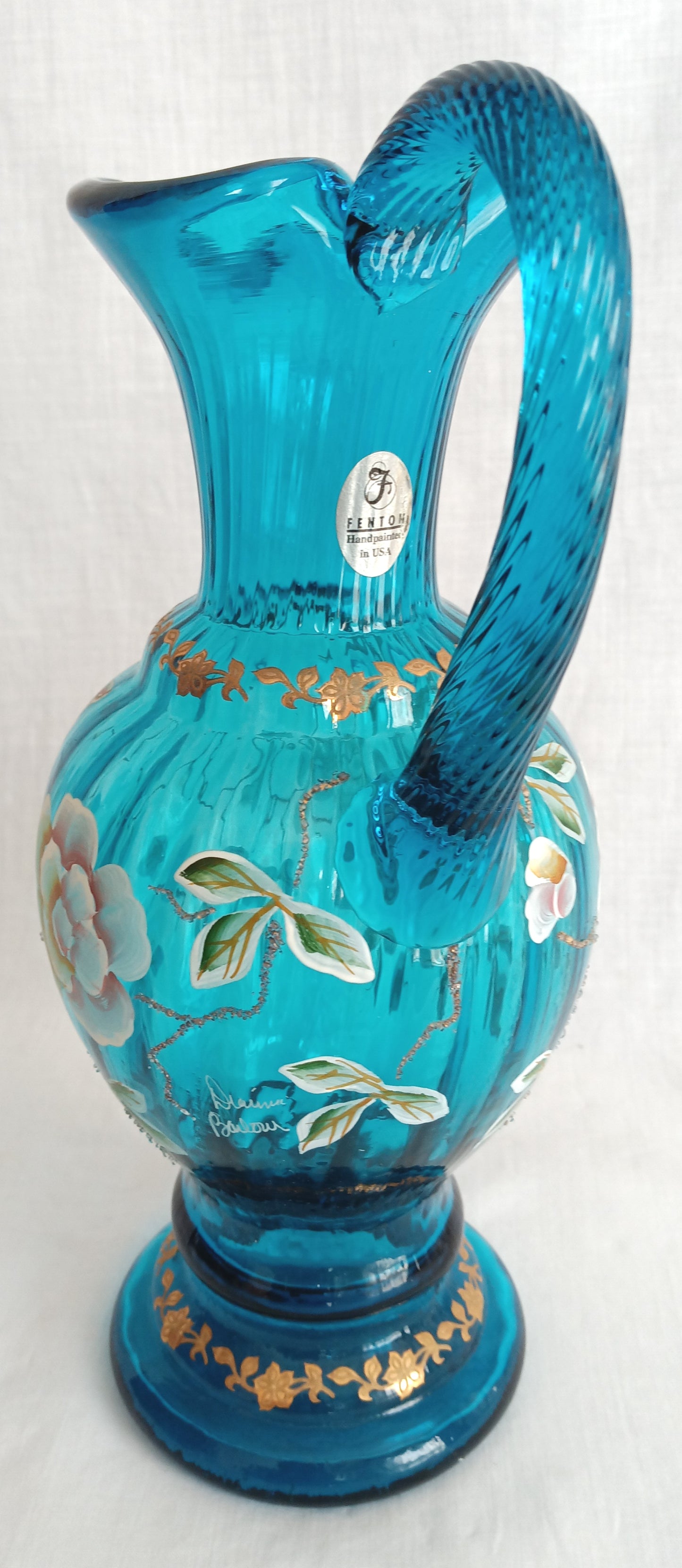 Vintage Fenton New Century XXI Collection Pitcher Hand Blown Turquoise Blue Glass Handle Heart Rim Gold Floral Accent Art Glass Signed-NOS