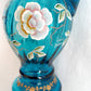 Vintage Fenton New Century XXI Collection Pitcher Hand Blown Turquoise Blue Glass Handle Heart Rim Gold Floral Accent Art Glass Signed-NOS