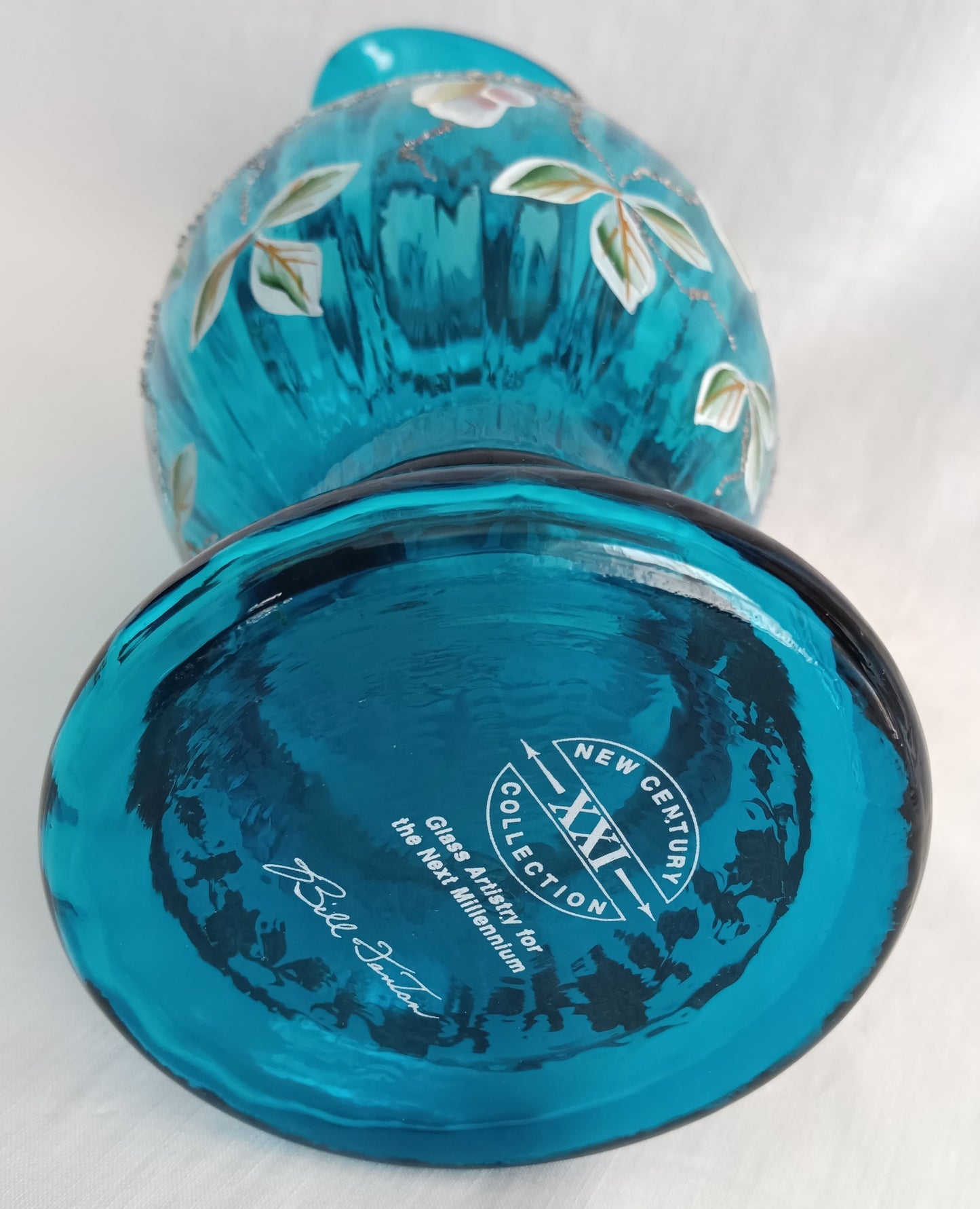 Vintage Fenton New Century XXI Collection Pitcher Hand Blown Turquoise Blue Glass Handle Heart Rim Gold Floral Accent Art Glass Signed-NOS