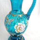 Vintage Fenton New Century XXI Collection Pitcher Hand Blown Turquoise Blue Glass Handle Heart Rim Gold Floral Accent Art Glass Signed-NOS