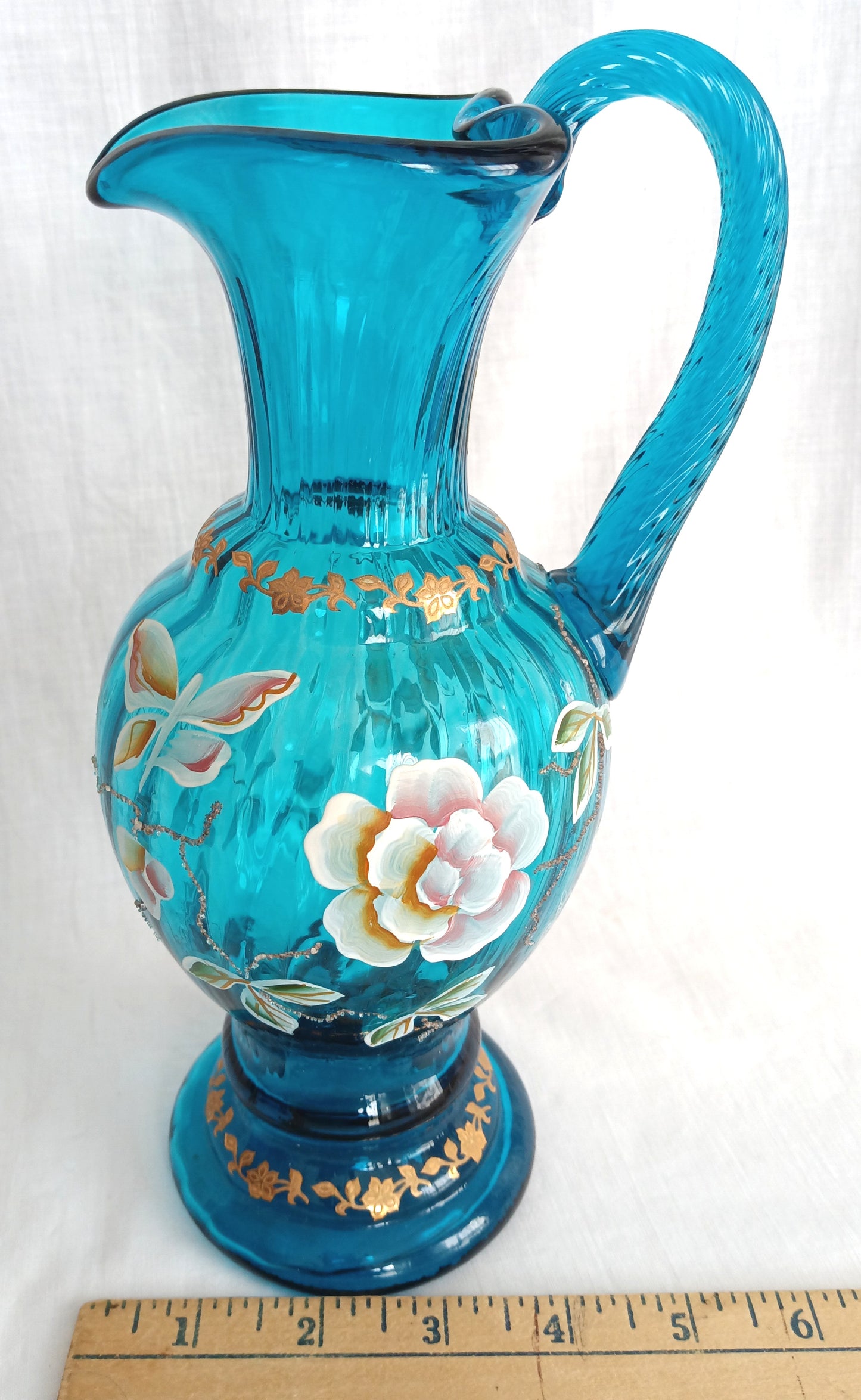 Vintage Fenton New Century XXI Collection Pitcher Hand Blown Turquoise Blue Glass Handle Heart Rim Gold Floral Accent Art Glass Signed-NOS