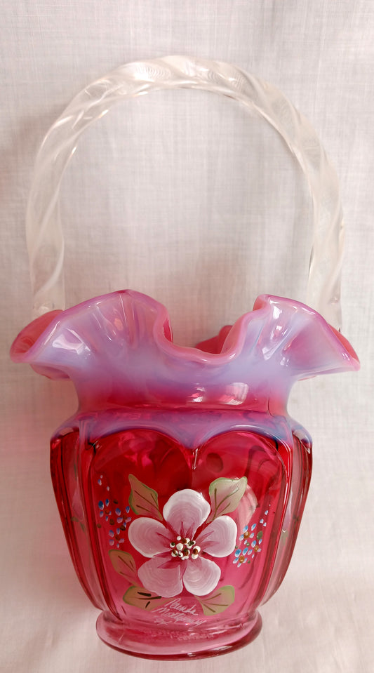 Vintage 1994 Fenton Open Heart Arches Hand Painted Floral Design Opalescent Cranberry Red Glass Basket Vase Art Glass Signed Made in USA-NOS