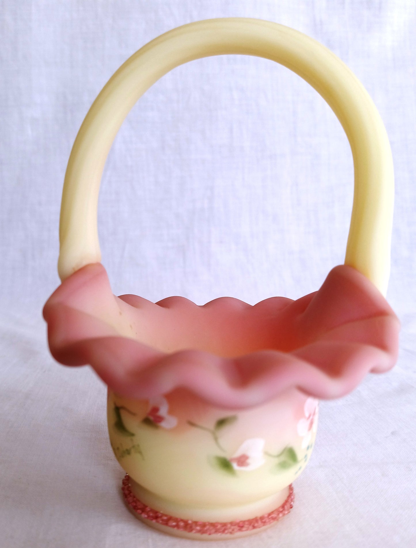 Vintage Fenton Burmese Satin Glass Mini Basket In Honor of QVCs 10th Anniversary Hand Painted Ruffled Art Glass Signed- B. Fluharty-NOS