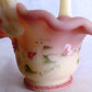 Vintage Fenton Burmese Satin Glass Mini Basket In Honor of QVCs 10th Anniversary Hand Painted Ruffled Art Glass Signed- B. Fluharty-NOS