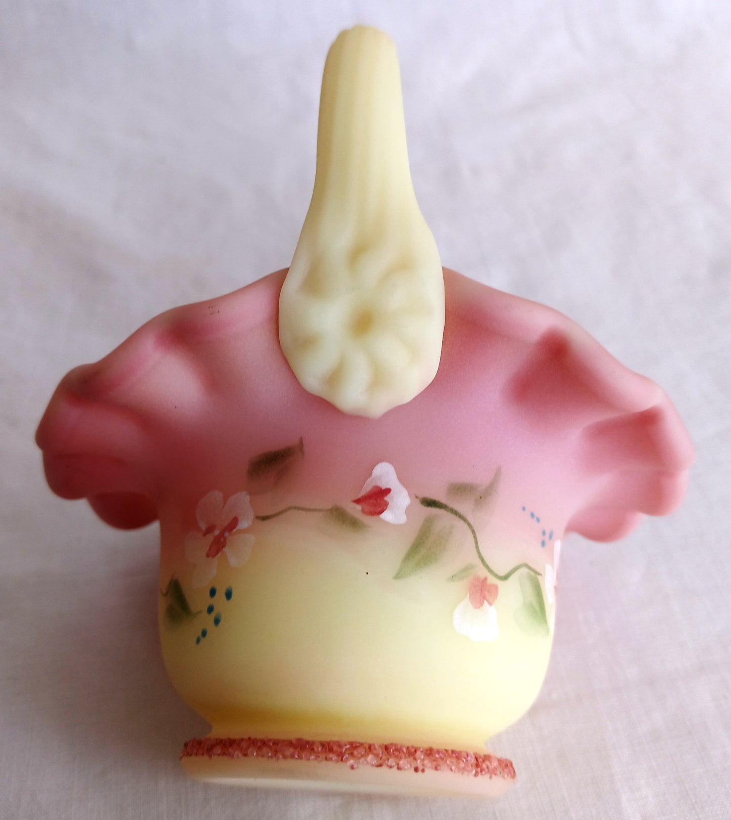 Vintage Fenton Burmese Satin Glass Mini Basket In Honor of QVCs 10th Anniversary Hand Painted Ruffled Art Glass Signed- B. Fluharty-NOS