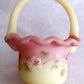 Vintage Fenton Burmese Satin Glass Mini Basket In Honor of QVCs 10th Anniversary Hand Painted Ruffled Art Glass Signed- B. Fluharty-NOS